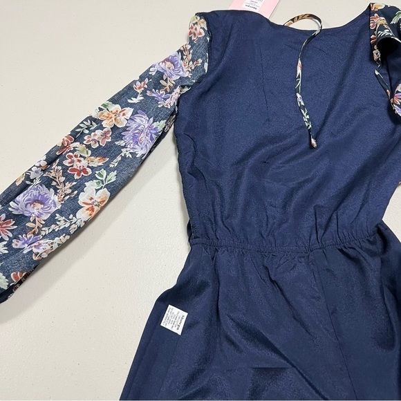 🆕 Showpo. Calling You Out Playsuit Navy Floral Tie Open Back Long Sleeve Romper - Picture 5 of 13